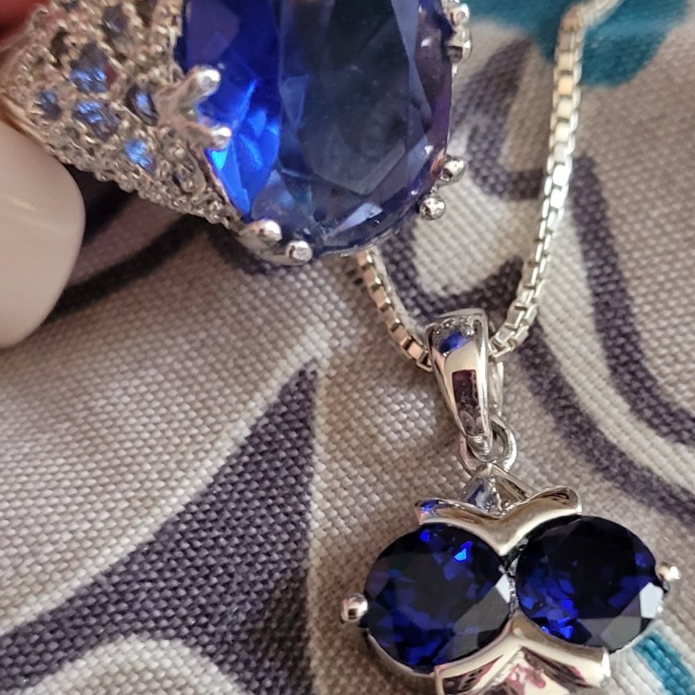 Like NEW! Simulated Sapphire & Sterling Silver Filagree Ring & 2-Stone Necklace